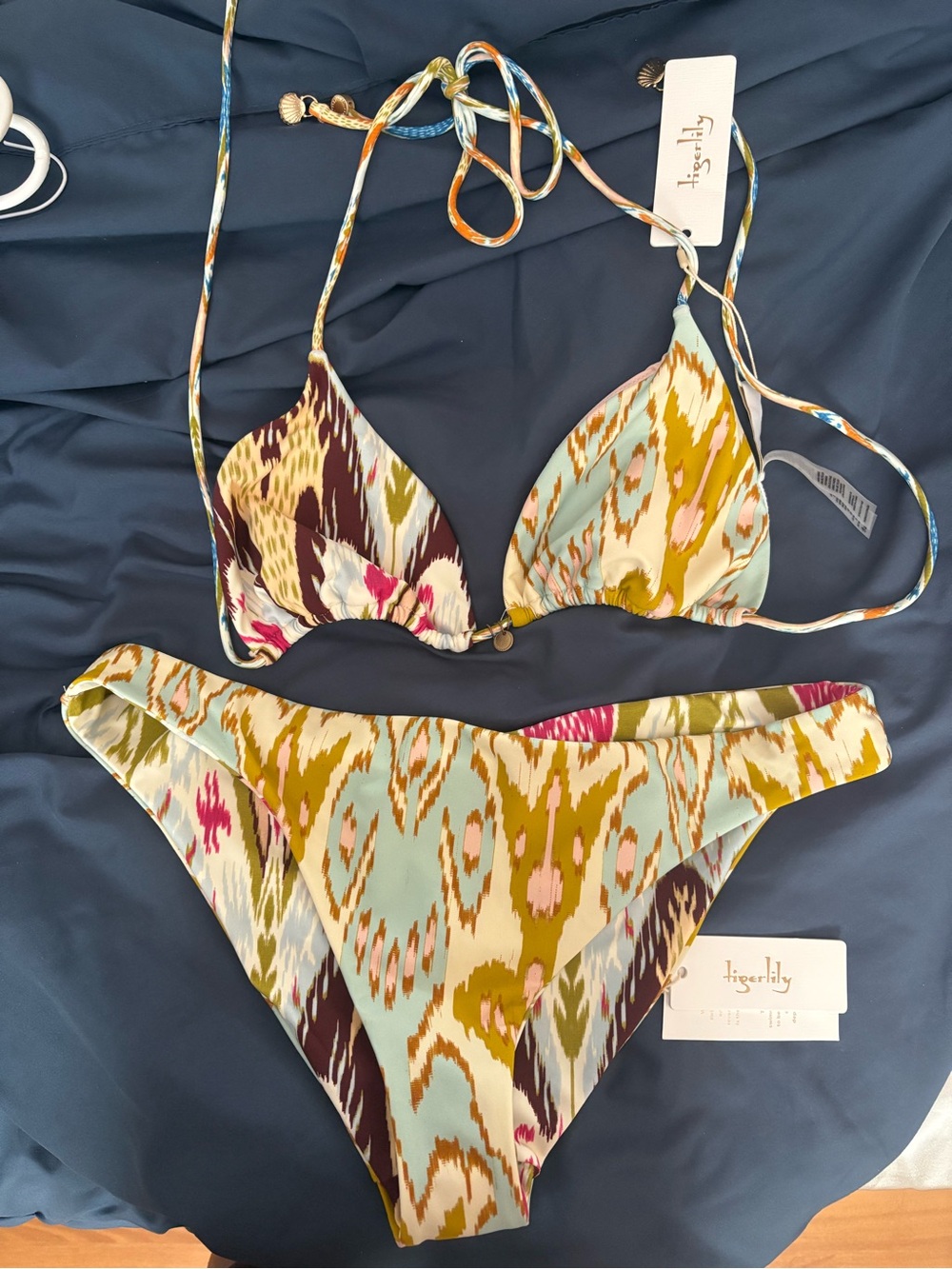 Tigerlily Multicolor Ikat Triangle Bikini - Mint, Olive, Pink, Burgundy